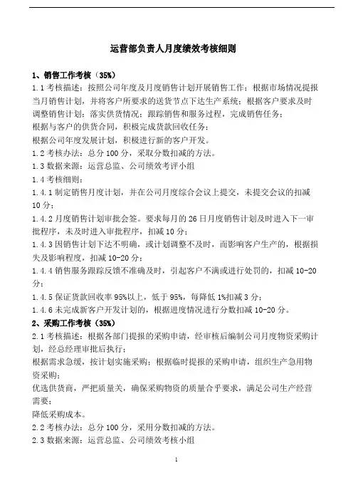 运营部负责人月度绩效考核细则