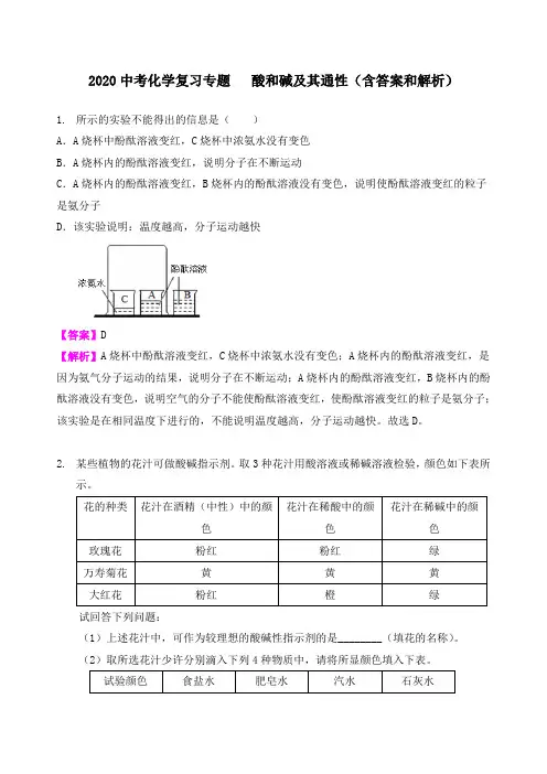 2020中考化学复习专题   酸和碱及通性(含答案和解析)