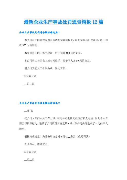 最新企业生产事故处罚通告模板12篇