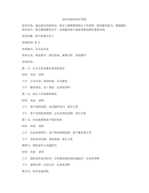 前台岗前培训计划表