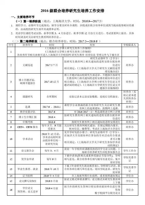 2016级联合培养研究生培养工作安排