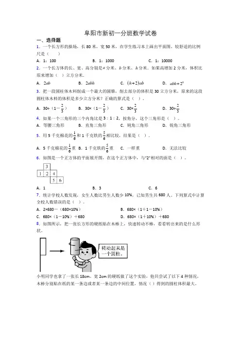 阜阳市新初一分班数学试卷