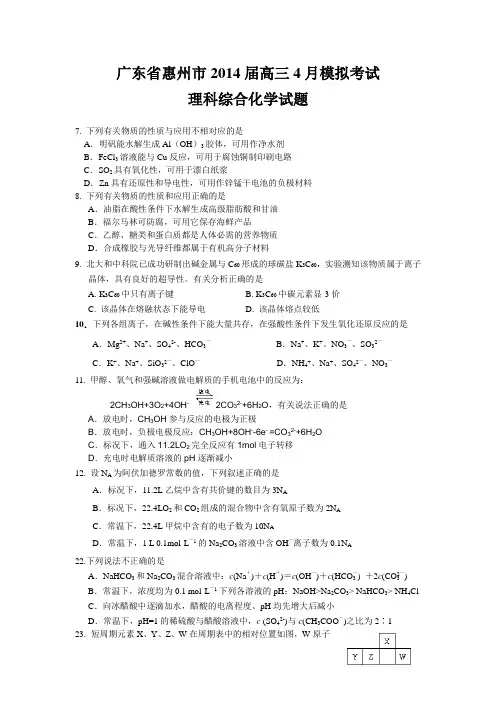 广东省惠州市2014届高三4月模拟考试理综试题及参考答案(不全)