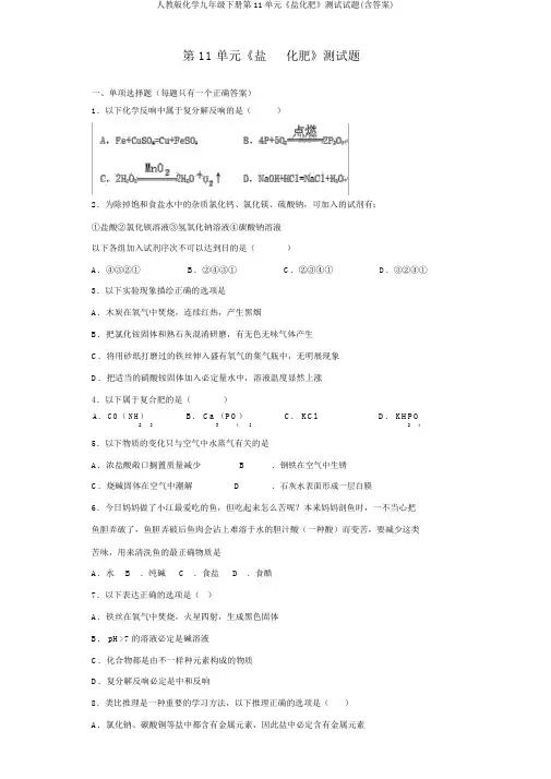 人教版化学九年级下册第11单元《盐化肥》测试试题(含答案)