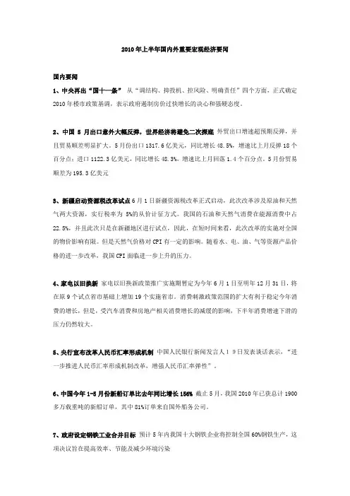 2010年上半年国内外重要宏观经济要闻