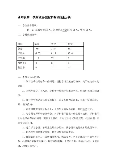 四年级第一学期班主任期末考试质量分析