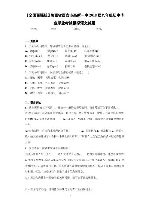 陕西省西安市高新一中2018届九年级初中毕业学业考试模拟语文试题(答案解析)