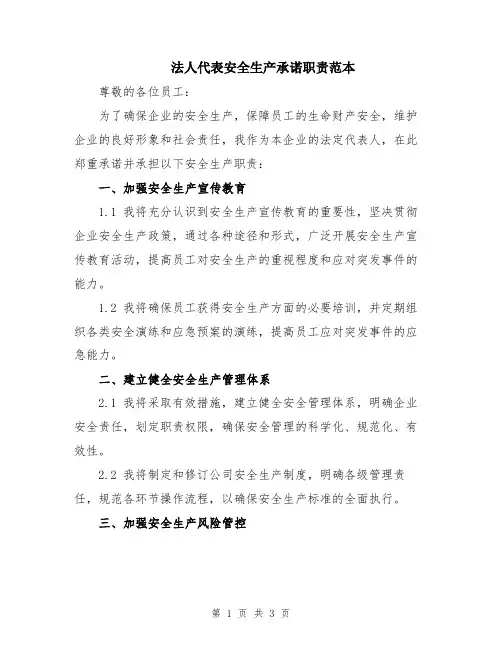 法人代表安全生产承诺职责范本