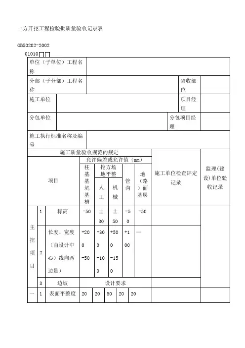 土方开挖工程检验批质量验收记录表