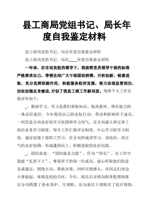县工商局党组书记、局长年度自我鉴定材料
