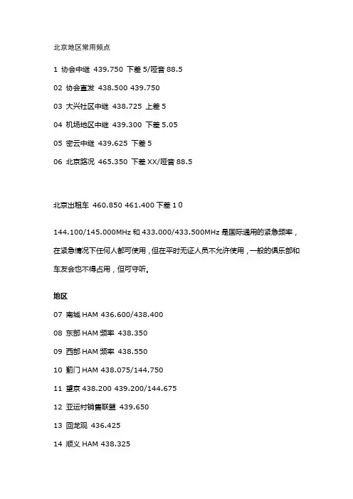 北京地区常用频点