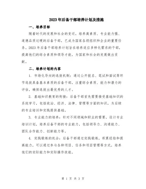 2023年后备干部培养计划及措施