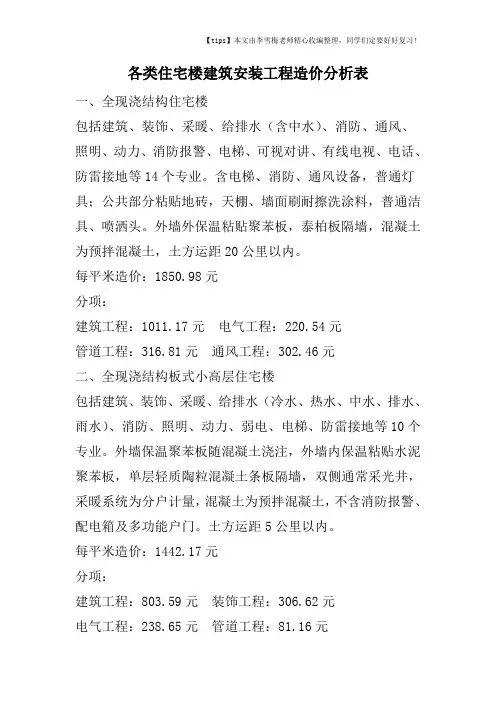 各类住宅楼建筑安装工程造价分析表