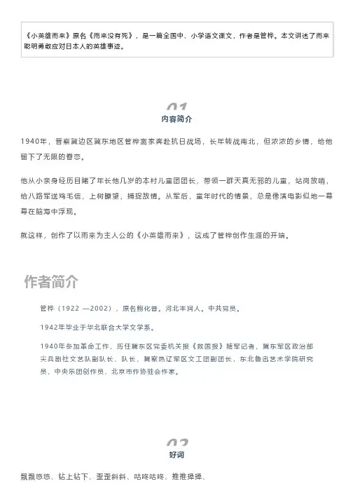 阅读积累｜《小英雄雨来》故事简介+好词+精彩片段+读后感+阅读理解