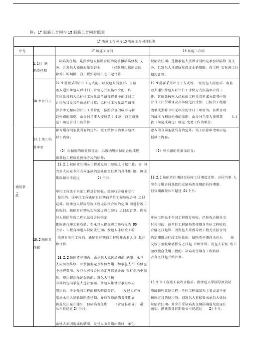 17版施工合同与13版施工合同对照表