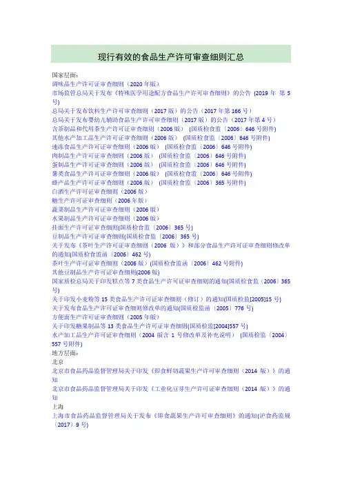 现行有效的食品生产许可审查细则汇总