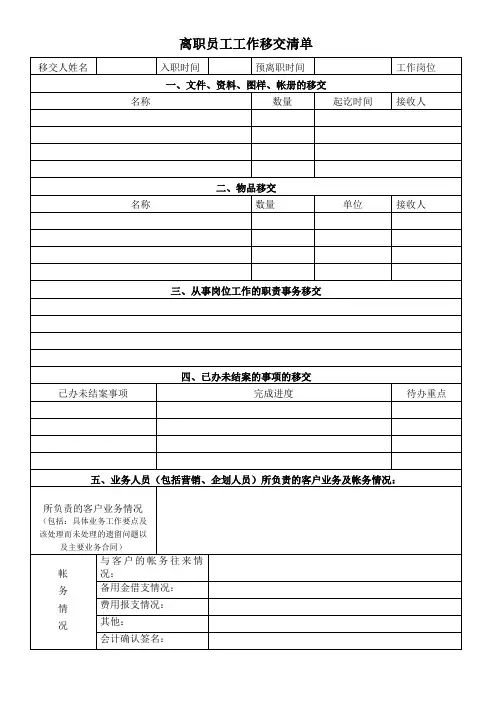 离职员工工作移交清单