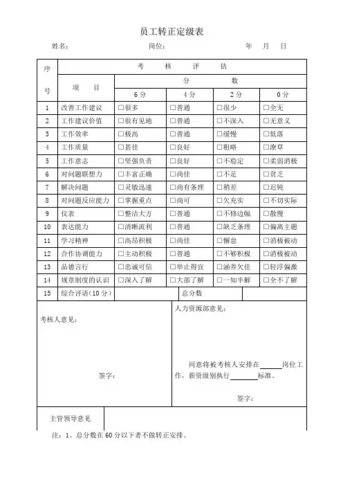 员工转正定级表