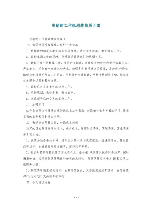 出纳的工作规划精简版5篇