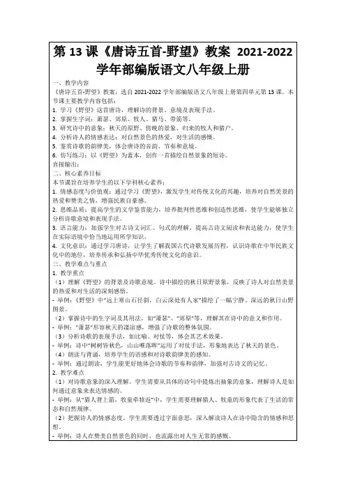 第13课《唐诗五首-野望》教案2021-2022学年部编版语文八年级上册