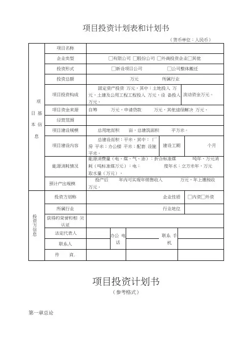 项目投资计划表和计划书