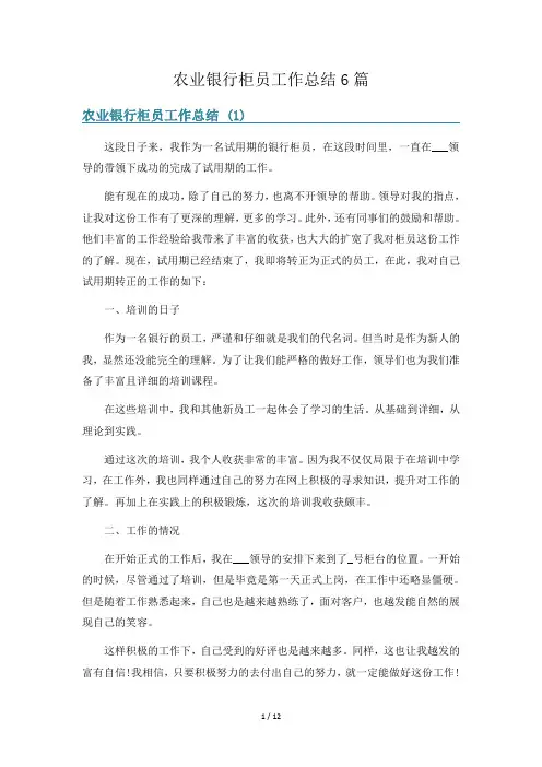 农业银行柜员工作总结6篇