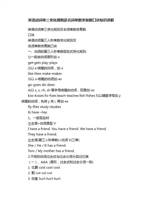 英语动词单三变化规则及名词单数变复数口诀知识讲解