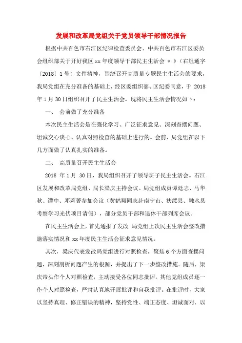 发展和改革局党组关于党员领导干部情况报告