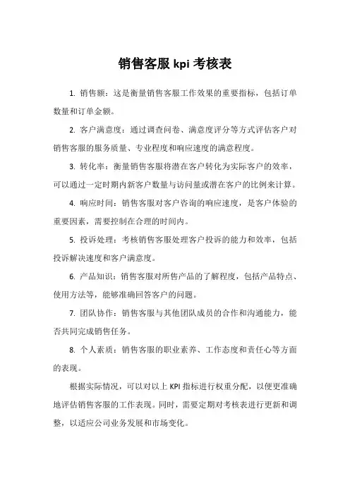 销售客服kpi考核表