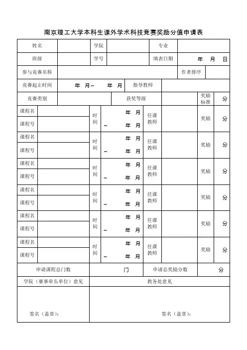 南京理工大学本科生课外学术科技竞赛奖励分值申请表
