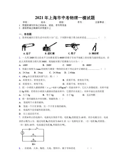 2021年上海市中考物理一模试题附解析