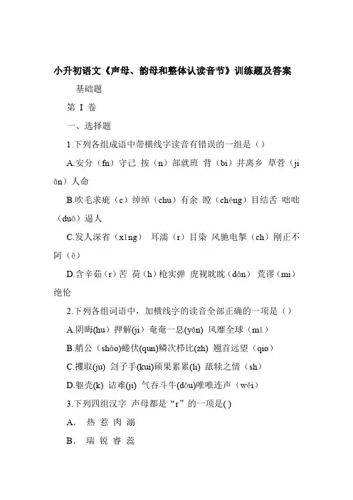 小升初语文声母韵母和整体认读音节训练题及答案