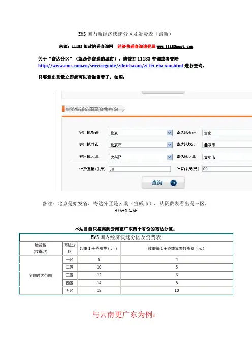 EMS国内新经济快递分区及资费表