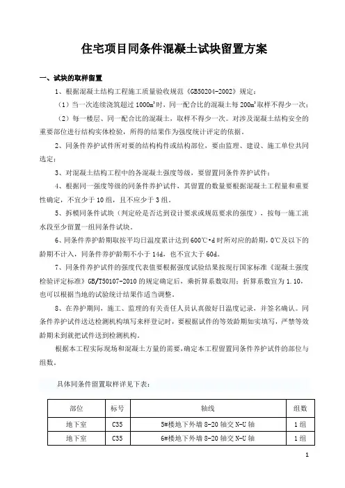 住宅项目同条件混凝土试块留置方案