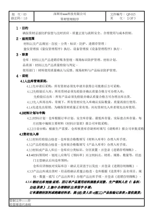 GBT19001-2016质量管理体系程序文件-015资材管理程序