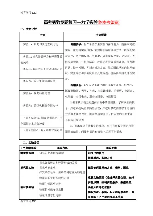 教育最新2019年版本高考物理实验复习力学实验(含三年真题及部分答案)-Word版