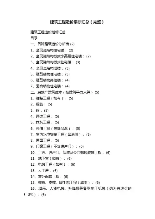 建筑工程造价指标汇总（完整）