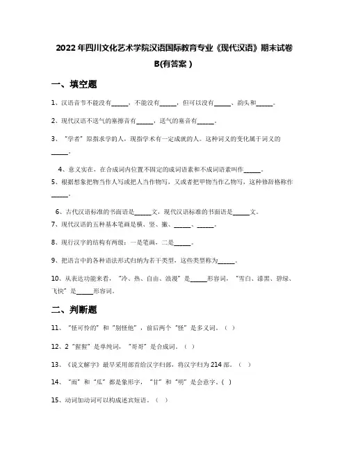 2022年四川文化艺术学院汉语国际教育专业《现代汉语》期末试卷B(有答案)