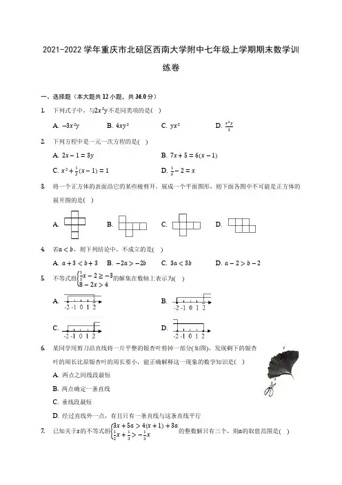 2021-2022学年重庆市北碚区西南大学附中七年级上学期期末数学训练卷(含解析)