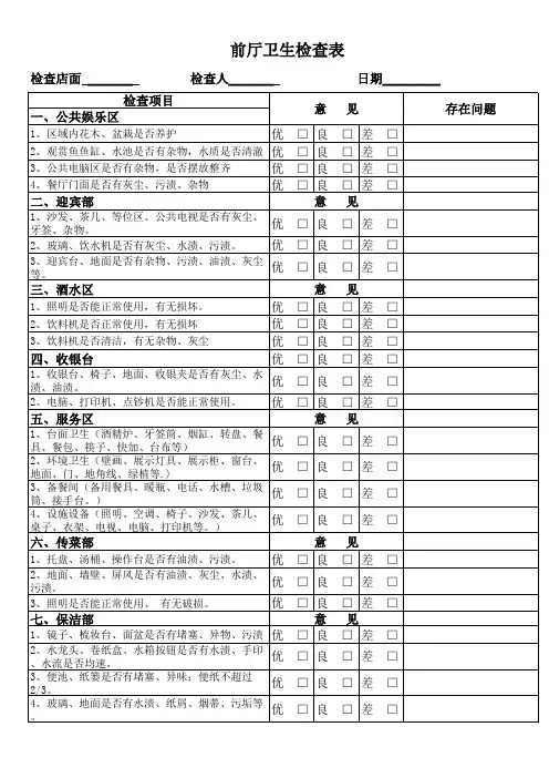 卫生检查表(前厅、后堂)