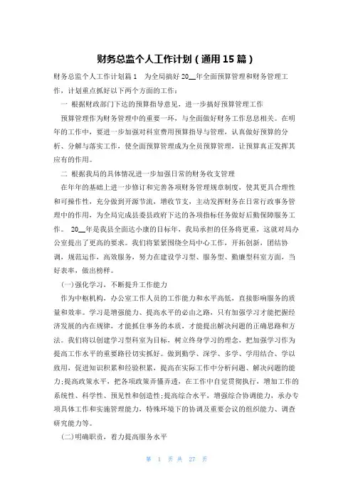 财务总监个人工作计划(通用15篇)