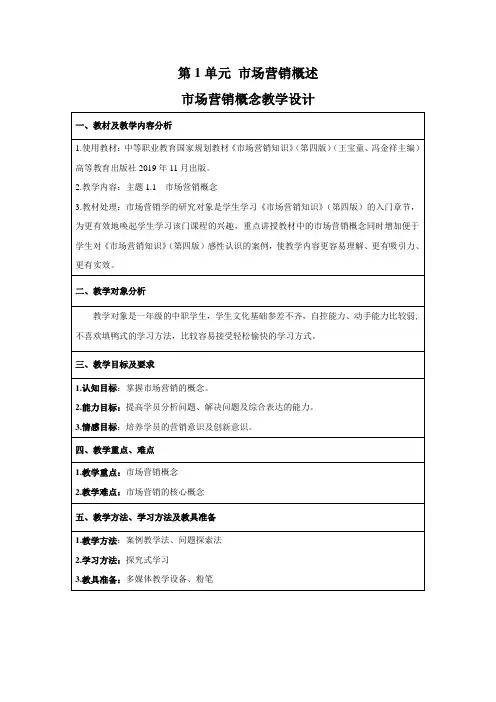 第一单元第1节市场营销概述教学设计高等教育出版社《市场营销知识》(第四版冯金祥主编)
