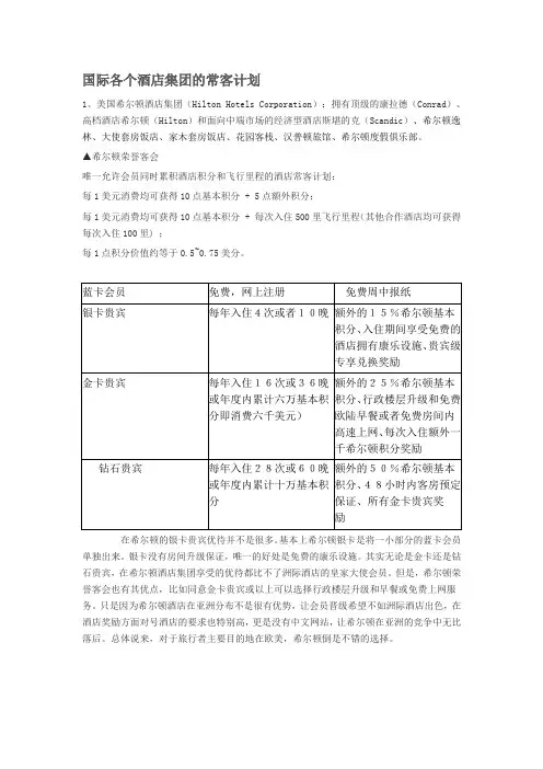 国际各个酒店集团的常客计划