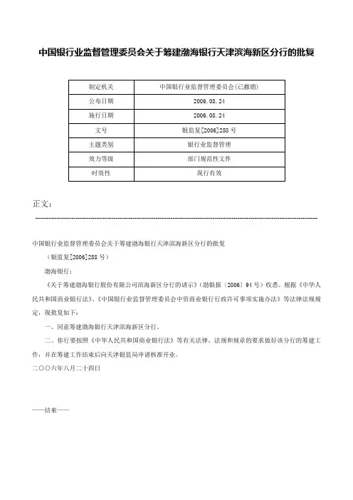 中国银行业监督管理委员会关于筹建渤海银行天津滨海新区分行的批复-银监复[2006]258号