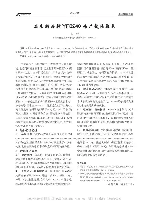 玉米新品种YF3240 高产栽培技术 