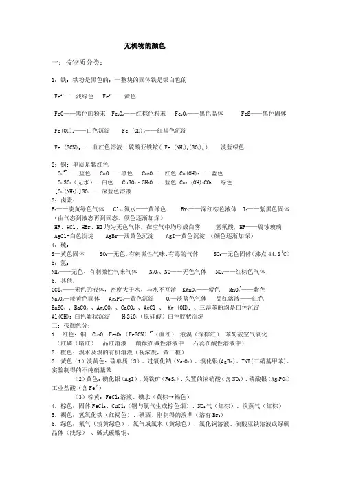 高中化学物质的颜色的归纳与分别记忆