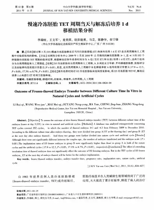 慢速冷冻胚胎TET周期当天与解冻后培养1d移植结果分析