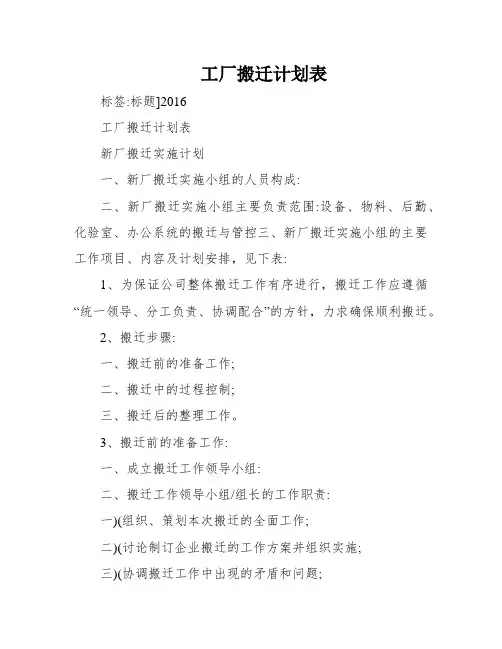 工厂搬迁计划表