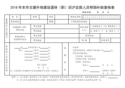 本市支援外地建设退休(职)回沪定居人员帮困补助复核表全新