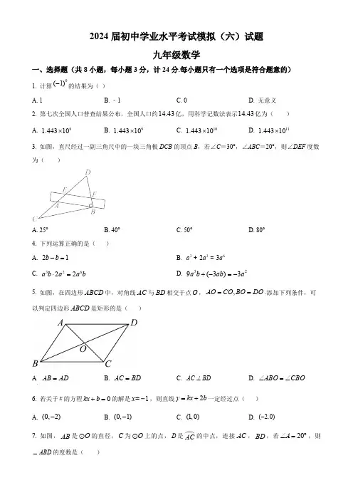 2024年陕西省西安市高新唐南中学中考六模数学试题(原卷版)